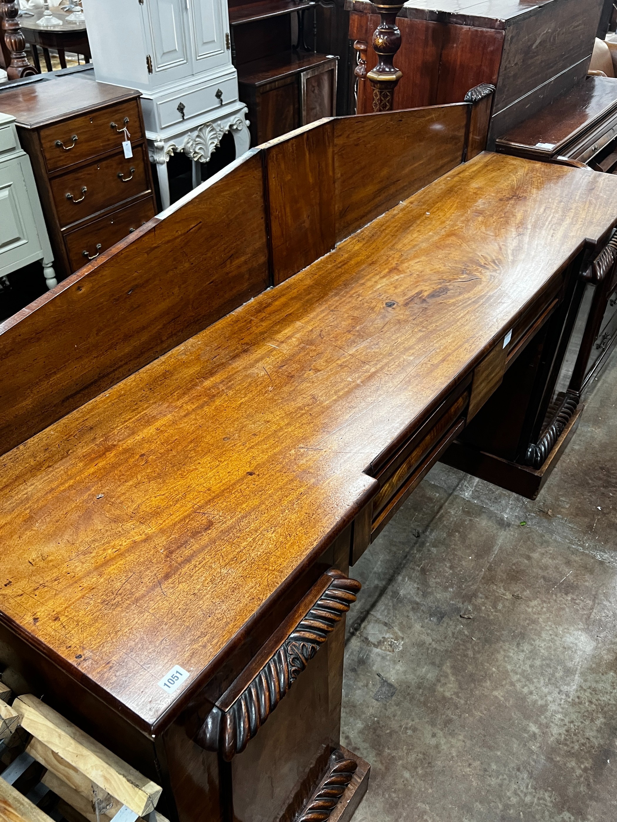 An early Victorian mahogany pedestal sideboard, length 204cm, depth 55cm, height 123cm